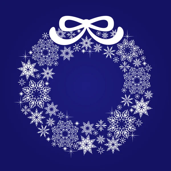 青色の背景に弓で雪の結晶のクリスマス リース — ストックベクタ