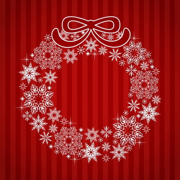 縞模様の赤い背景にリボンと雪の結晶のクリスマス リース — ストックベクタ