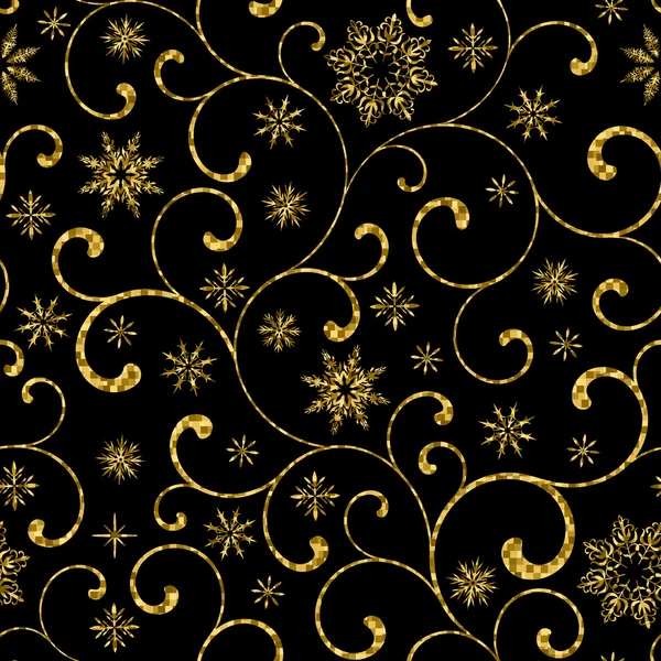 Luxury seamless pattern with gold swirl and snowflakes on a black background — Stock Vector