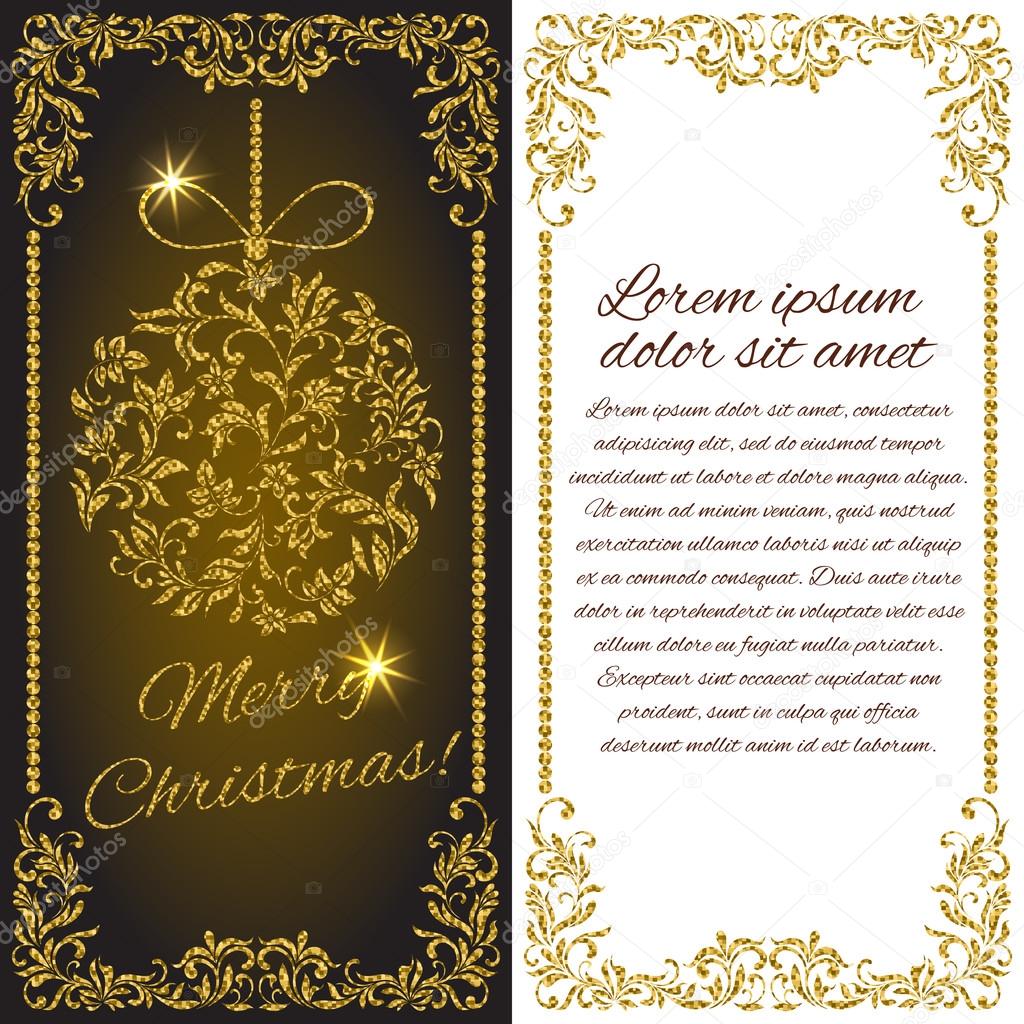 Elegant Christmas postcard: Ball with gold glitter from a floral ornament. There is a place for text