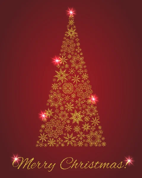 Элегантная рождественская открытка: Рождественская елка из снежинки на красном фоне — стоковый вектор