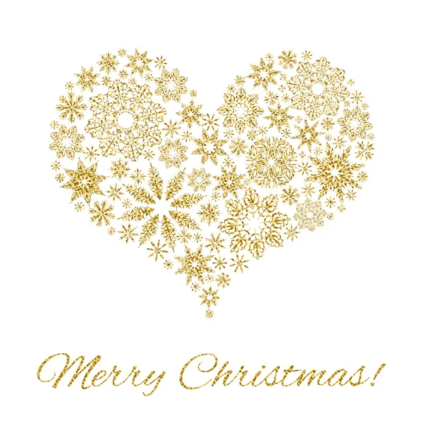 Elegante Weihnachtspostkarte: Herz aus Schneeflocken mit Goldglitzern — Stockvektor