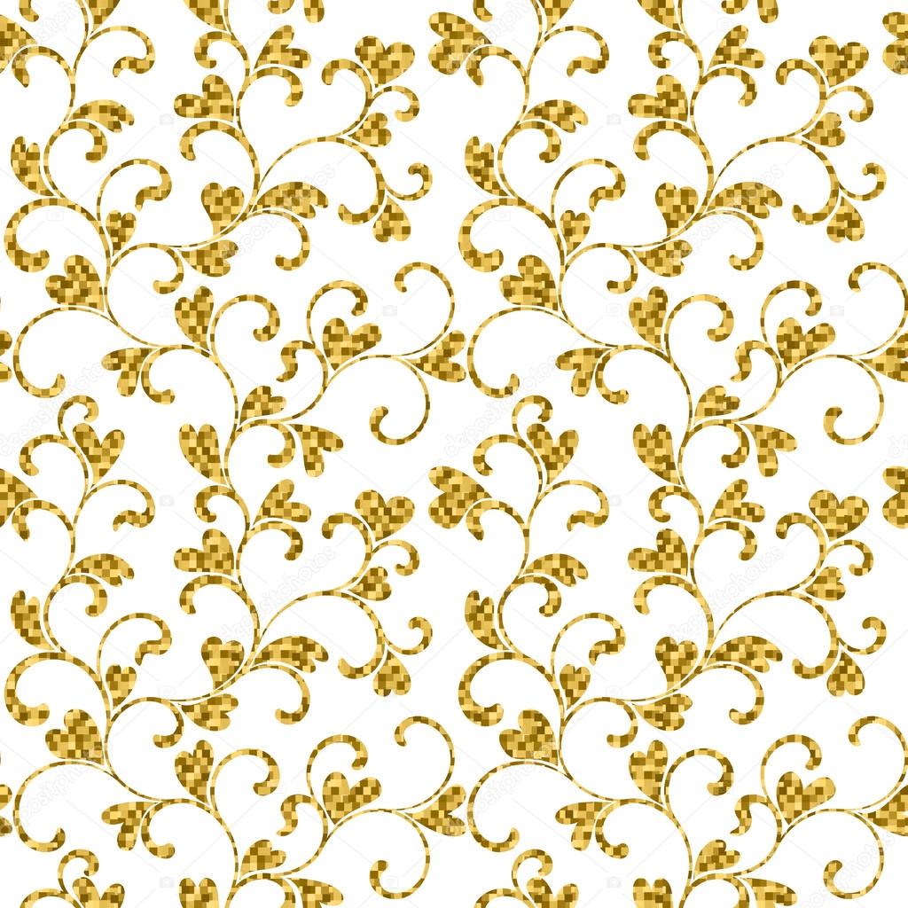 Luxury seamless pattern with gold swirls and hearts on a white ...