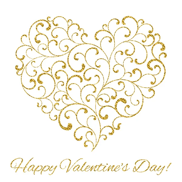 Happy Valentine's day! Heart created of tracery with gold glitter on a white background — Stock Vector