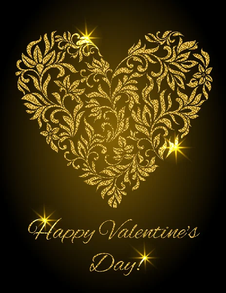 Happy Valentine's day! Heart created of flowers with gold glitter on a black background — Stock Vector