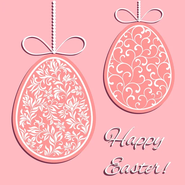 Kaart vrolijk Pasen! Paaseieren met een patroon op een roze achtergrond — Stockvector
