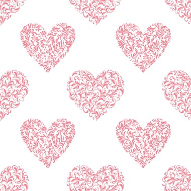 Çiçek oyma beyaz zemin üzerine gelen kalpleri ile Seamless Modeli