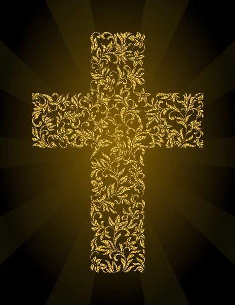 Cruz Cristiana de un ornamento floral con brillo dorado — Vector de stock