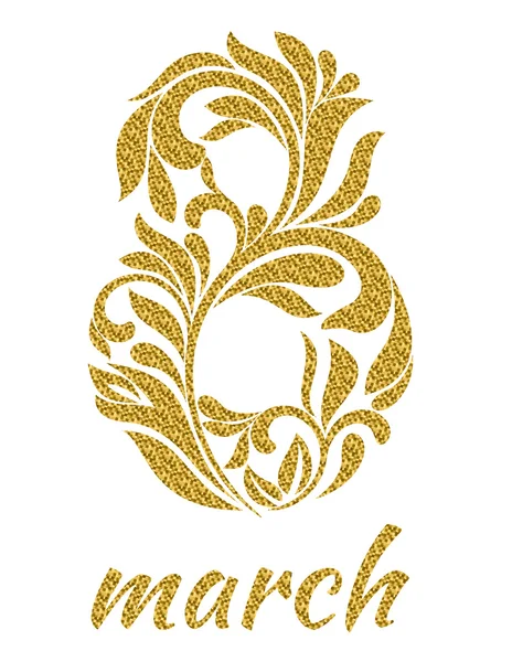 Tarjeta de lujo para las vacaciones del 8 de marzo. La figura 8 con brillo de oro de un ornamento floral sobre un fondo blanco . — Vector de stock