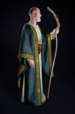 old wizard dressed in a dark green robe with gold embroidery. He holds his magic staff in his hands. clipart