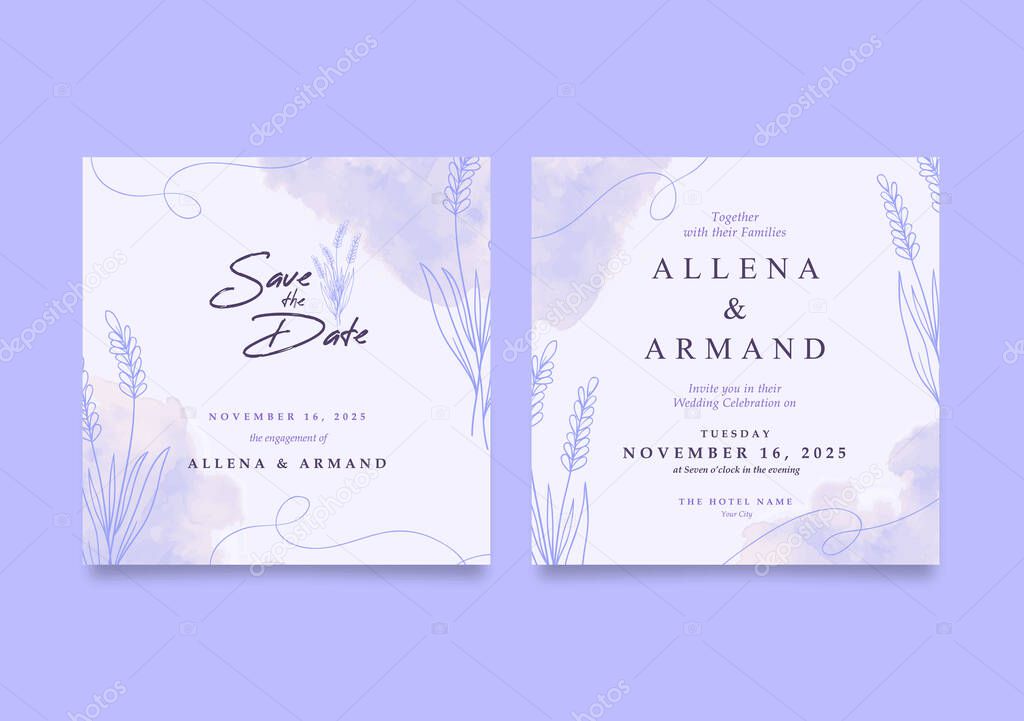 Romantic purple lavender wedding invitation square for social media post