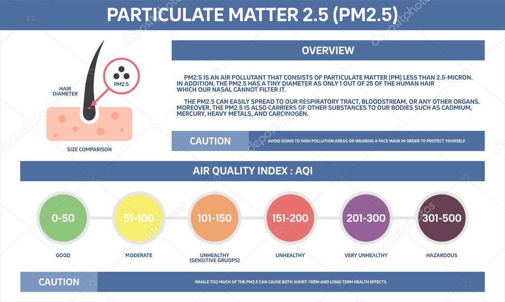 Particulate Matter 2.5 (PM2.5) and air quality index (AQI) infographic. Flat design.