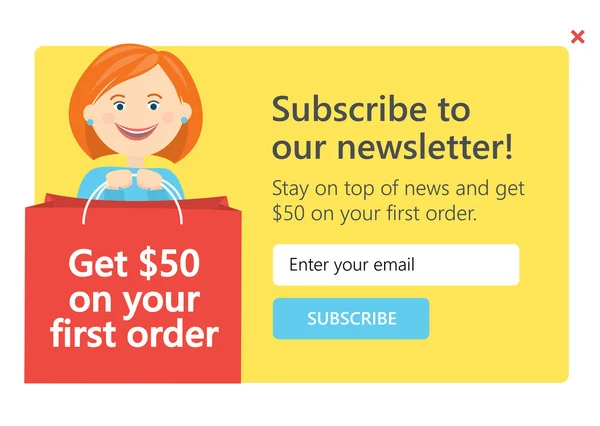 Vektör şablonu e-posta için abone olan çizgi film kadın. Tema alışveriş.