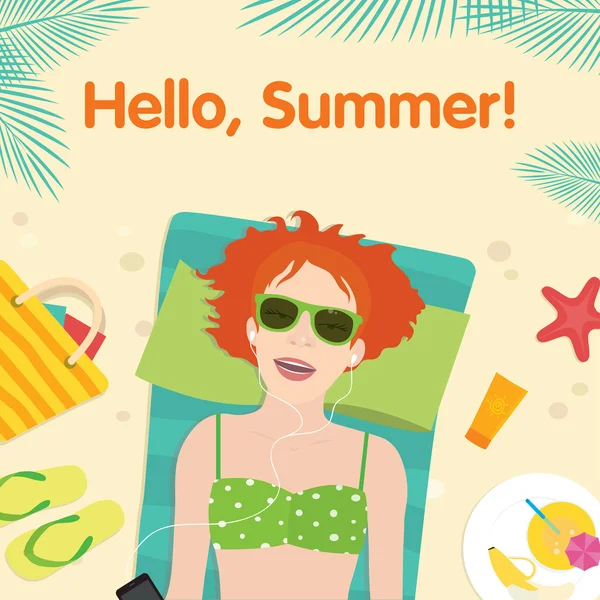 Vektör çizim ile yaz aylarında plaj mindere yatan kadın