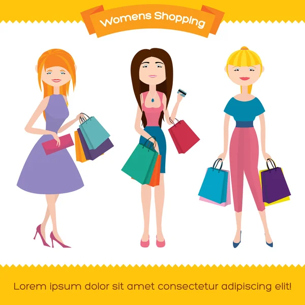 Vektör kızlarla alışveriş çantası