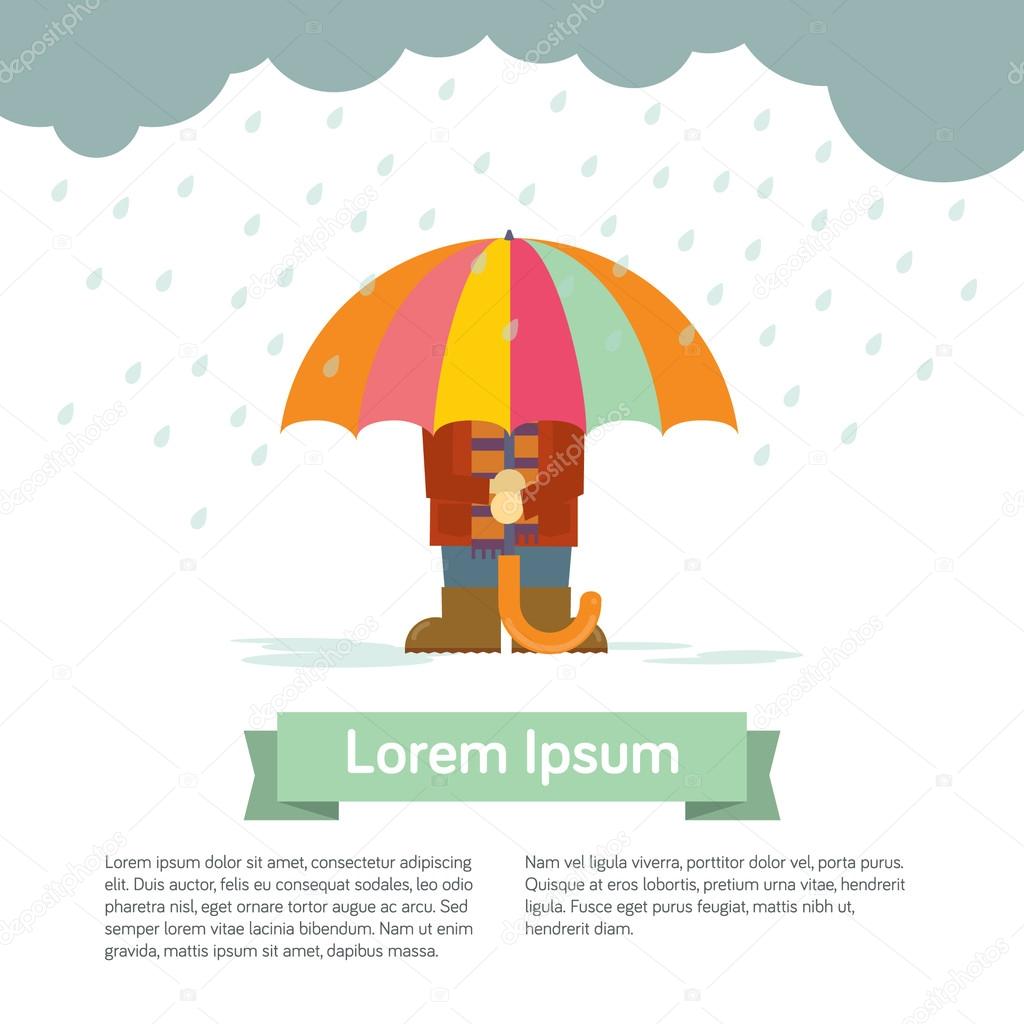 Vector person under umbrella on rainy day, with text space