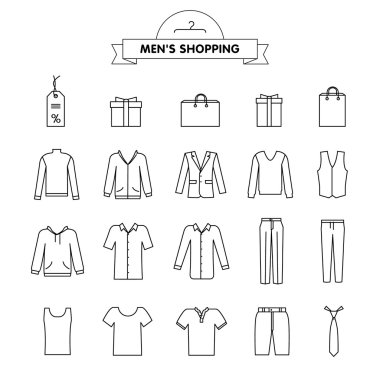 Erkekler alışveriş konulu ile düz kontur Icons set vektör