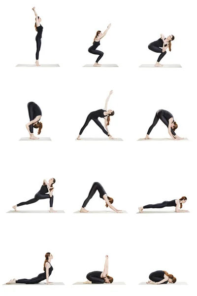 Morning yoga sequence of 12 poses — Stock Photo, Image