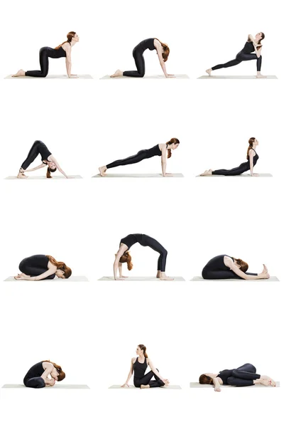 Morning yoga sequence of 12 poses — Stock Photo, Image