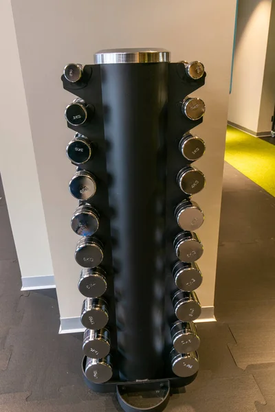 Dumbbells in a row in hotel gym