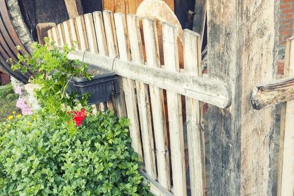 Alte Hausterrasse mit Blumen auf Holzzaun — Stockfoto