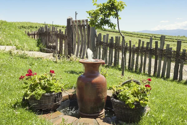 Sklenice ve tvaru fontány v venkovský dům trávník — Stock fotografie