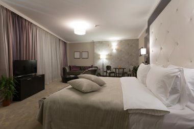 Lüks bir otel odasının içinde.