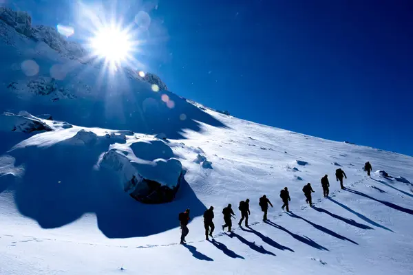 Caminatas Cumbre Aventuras Del Equipo Profesional Montañismo Frío Día Invierno — Foto de Stock