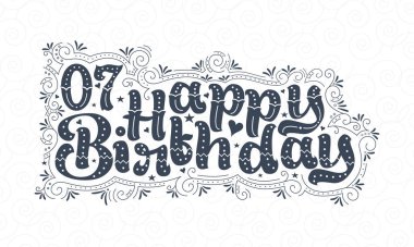 7. Doğum günü mektupları, 7 yıl. Doğum günü güzel tipografi tasarımı. Noktalar, çizgiler ve yapraklar..
