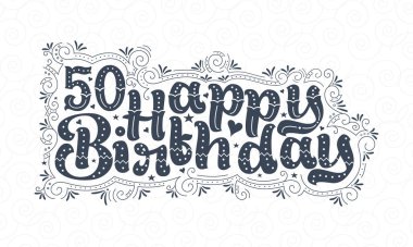 50. Doğum günü mektupları, 50 yıl. Doğum günü güzel tipografi tasarımı. Noktalar, çizgiler ve yapraklar..