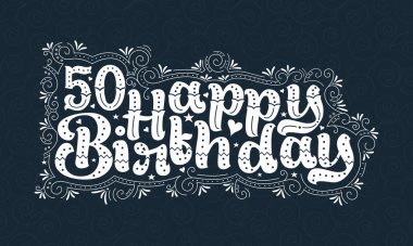 50. Doğum günü mektupları, 50 yıl. Doğum günü güzel tipografi tasarımı. Noktalar, çizgiler ve yapraklar..