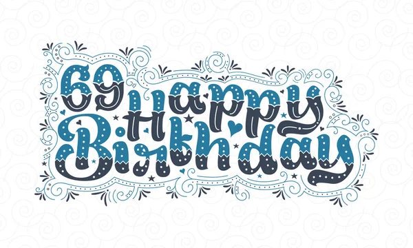 69岁生日贺信 69岁生日精美的字体设计 带有蓝点 线条和树叶 — 图库矢量图片