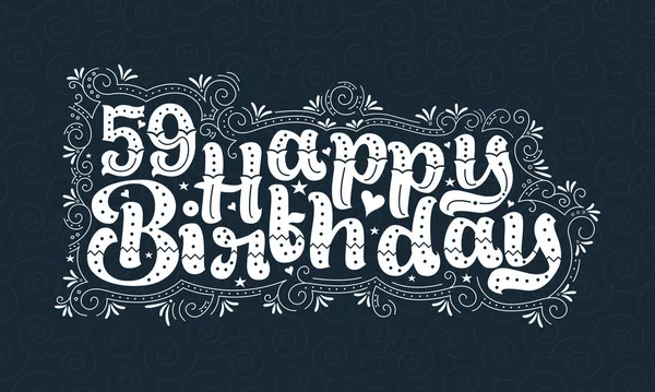 59岁生日快乐 59岁生日 漂亮的字体设计 有圆点 线条和树叶 — 图库矢量图片
