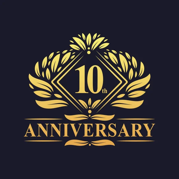 Years Anniversary Logo Luxury Floral Golden 10Th Anniversary Logo — Stock Vector