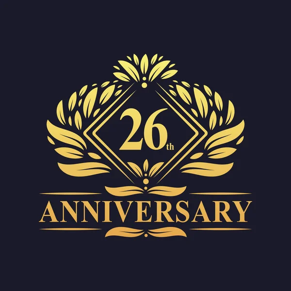 Χρόνια Λογότυπο Επετείου Πολυτελές Floral Χρυσό Λογότυπο 26Ης Επετείου — Διανυσματικό Αρχείο