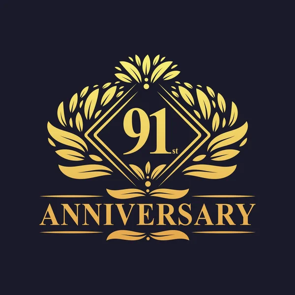 Anos Aniversário Logotipo Luxo Floral Ouro 91St Aniversário Logotipo — Vetor de Stock