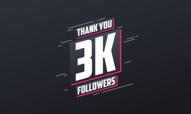 Teşekkürler 3K takipçileri, sosyal ağlar için tebrik kartı şablonu.