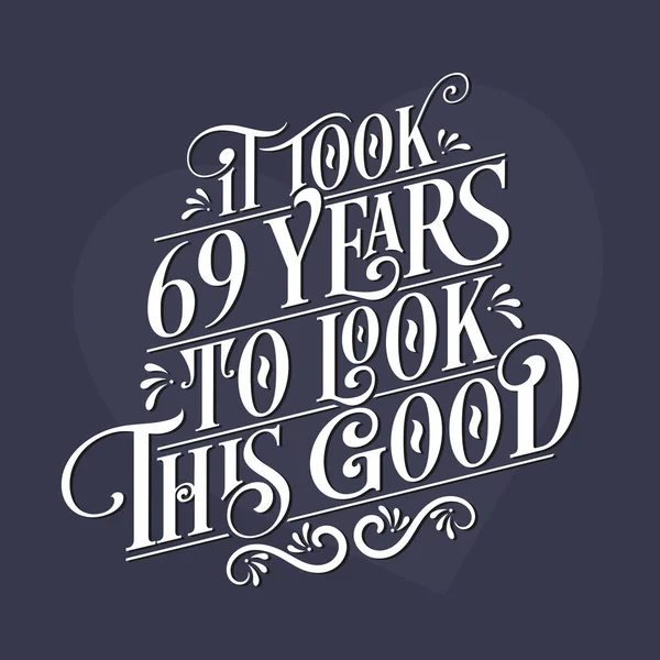 人们花了69年的时间 用漂亮的书法字体图案来庆祝这个美好的生日和69周年纪念日 — 图库矢量图片