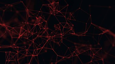 Noktaları ve çizgileri birleştiren kırmızı soyut uzay. 3 boyutlu görüntüleme. Koyu arkaplan.