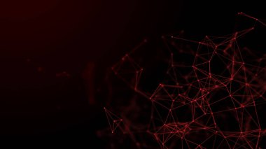 Noktaları ve çizgileri birleştiren kırmızı soyut uzay. Karanlık arka plan. Geometrik Çokgen arka plan molekülü. 3B görüntüleme.