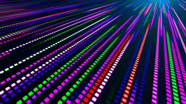 Uzağa giden bir çok renkli parlayan çizgilerin ve kare segmentlerin olduğu bir illüstrasyon. Neon ışığından gelen hareketin etkisi. Teknoloji, fütürizm ve kulüp görselleştirmesi ile ilgili konular için uygundur.