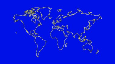 Mavi kıtaları ve saydam bir arkaplanda sarı çizgileri olan minimalist bir dünya haritası. Bu harita basitlik ve bilgiyi birleştiren modern bir grafik tasarımı içeriyor..