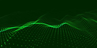 Karanlık bir arka planda hareket eden dalgaların illüzyonunu yaratan soyut renkli, ışıldayan noktaların dalgası. Görselleştirme, teknolojiyi, geleceğin sanatını birleştiren 3D dinamik bir vektör dalgasına benziyor.