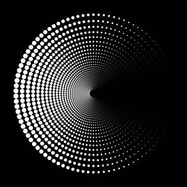 Koyu arkaplanda beyaz noktalardan oluşan parlak eşmerkezli çemberler olan bir çizim. Bileşim bir hareket ve derinlik hissi yaratır, sanki izleyici bir bacaya ya da ışık tüneline bakıyormuş gibi. Sunumlar, posterler, kapaklar için uygun.