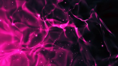 Renkli bir 3 boyutlu dalga ve parlayan parçacıklar karanlık bir arkaplan üzerinde hareket eden dalgalar yanılsaması yaratır. Pembe ve mor tonlarda soyut bir parıltı..