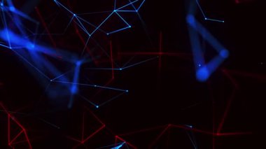 Parlak kırmızı ve mavi çizgilerin animasyonu koyu arkaplanda soyut bir ağ oluşturur. Bileşimi dijital bağlantılara, nöral ağlara veya enerji akışlarına benziyor. 4K canlandırması
