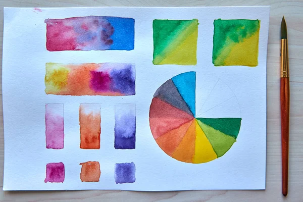 Artists workplace. Art supplies brushes, paints, watercolors. Art studio. Drawing lessons. Creative workshop. Design place. Watercolor color wheel and palette. Color theory beginner hobby lessons