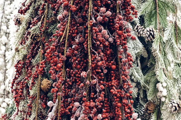 Christmas Holiday Decorations Christmas Fir Tree Brunch Red Berries Cones — Stock Photo, Image