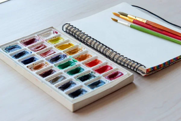 Artist Workplace Art Supplies Brushes Watercolor Paints Sketchbook Art Studio — Stock Photo, Image