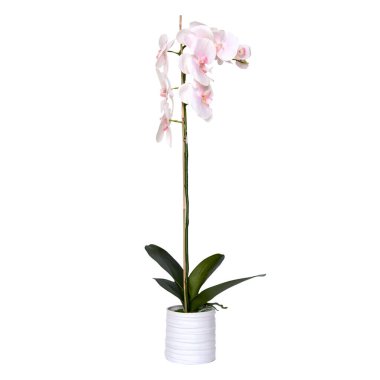 Dekoratif seramik vazo. Çiçek saksısında, açık gri mermer masa üzerinde suni bir çiçek aranjmanı. Şık İç dizayn